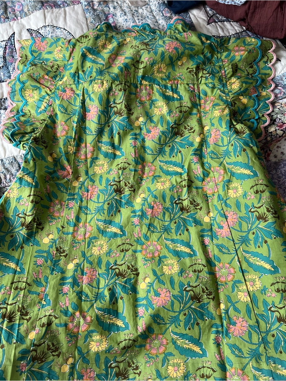 Umgee Green Floral Ruffled Trim Blouse with Pink & Teal Accents - Picture 4 of 6